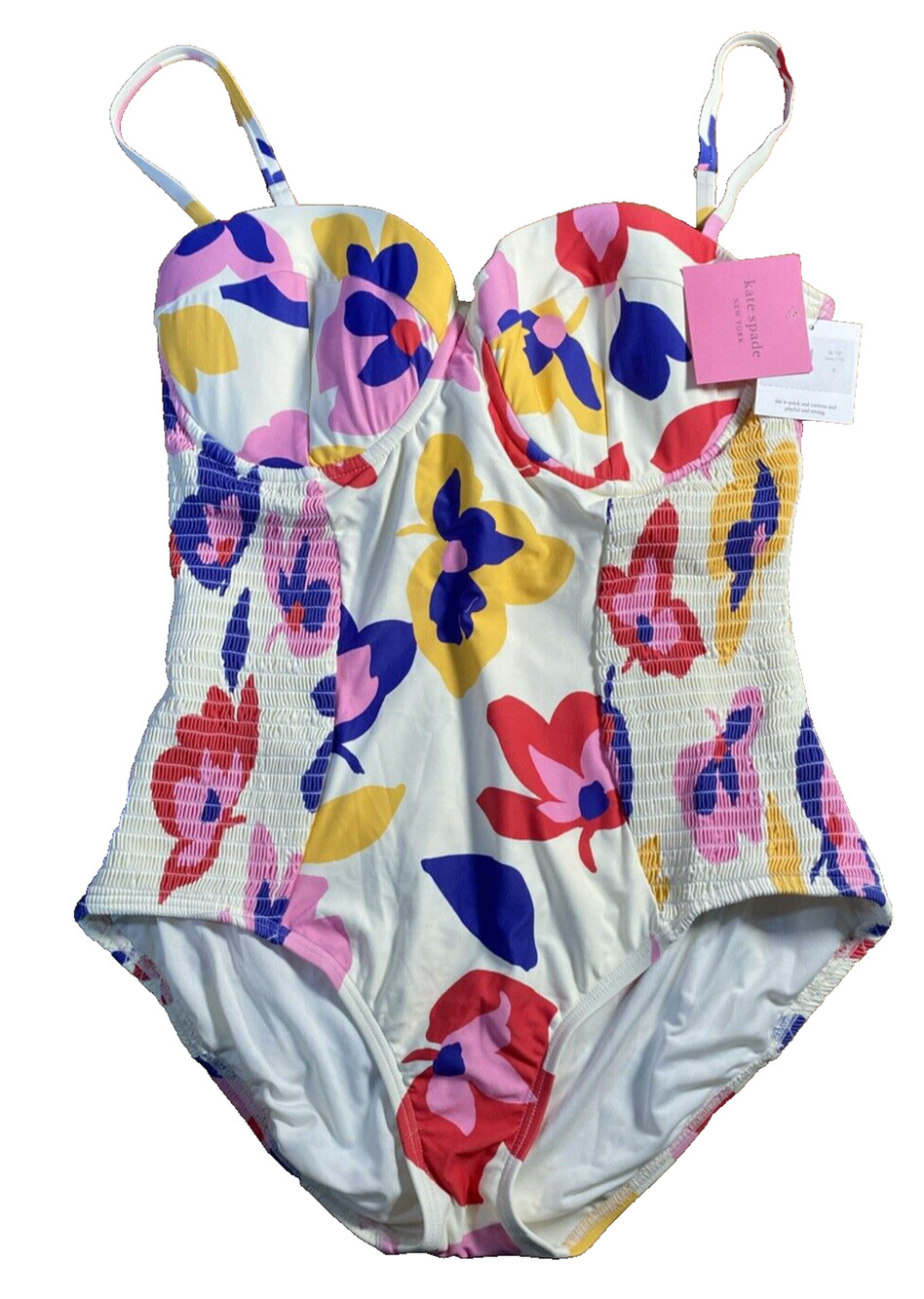 Kate Spade Summer Floral Smocked Underwire One Piece Swimsuit Ivory Womens XL
